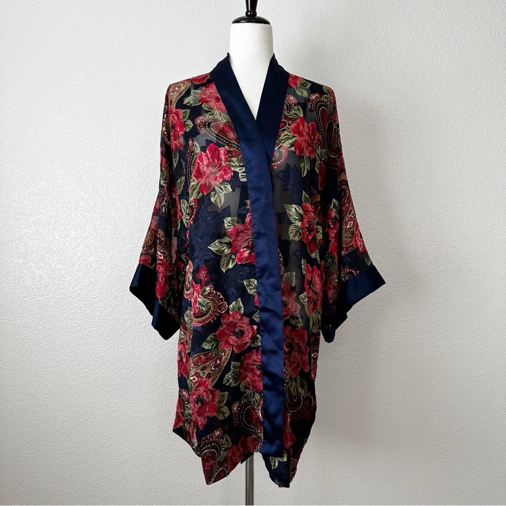 Victoria's Secret Vintage Gold Label Navy Blue Floral Satin Kimono Robe, OS
